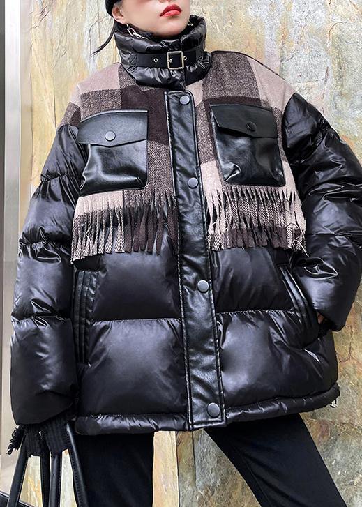 Elegant plus size snow jackets winter coats black patchwork plaid lapel coat - SooLinen
