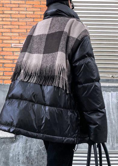 Elegant plus size snow jackets winter coats black patchwork plaid lapel coat - SooLinen