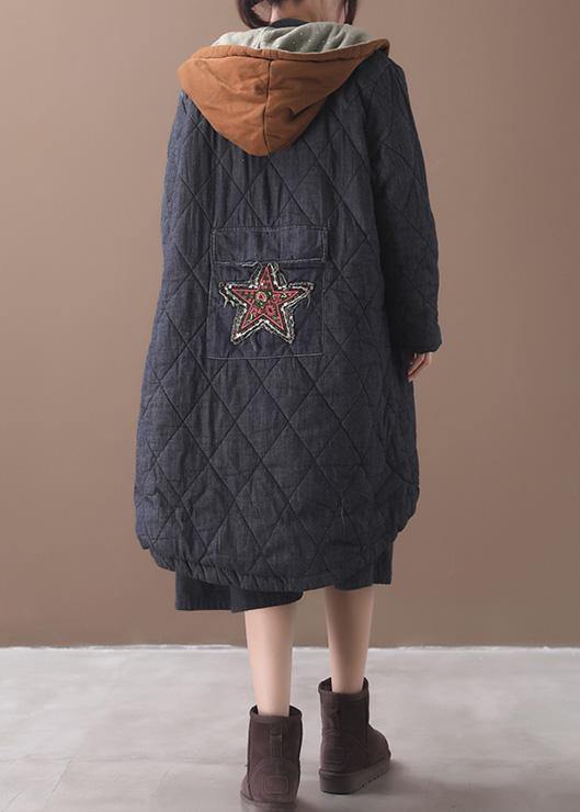 Elegant plus size warm winter coat hooded winter outwear black embroidery casual outfit - SooLinen