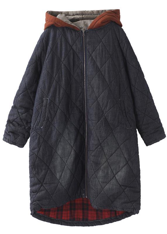 Elegant plus size warm winter coat hooded winter outwear black embroidery casual outfit - SooLinen