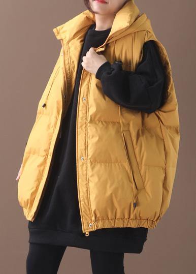 Elegant plus size warm winter coat yellow hooded sleeveless casual outfit - SooLinen