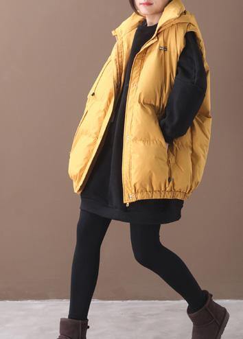 Elegant plus size warm winter coat yellow hooded sleeveless casual outfit - SooLinen