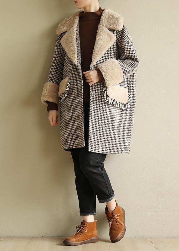 Elegant plus size winter coat patchwork jacket plaid two pockets woolen coats - SooLinen