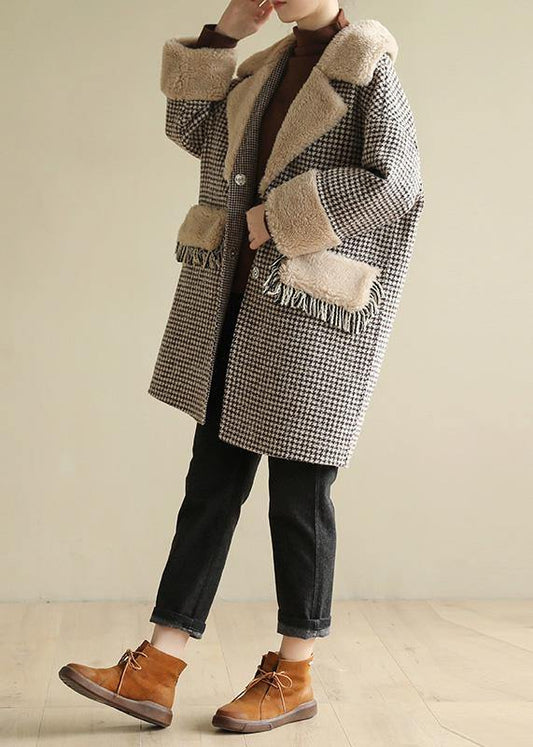 Elegant plus size winter coat patchwork jacket plaid two pockets woolen coats - SooLinen