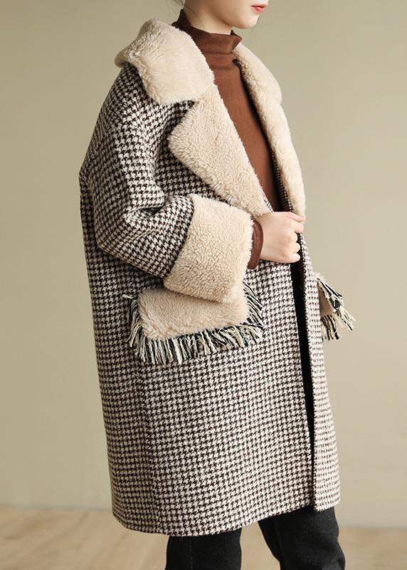 Elegant plus size winter coat patchwork jacket plaid two pockets woolen coats - SooLinen