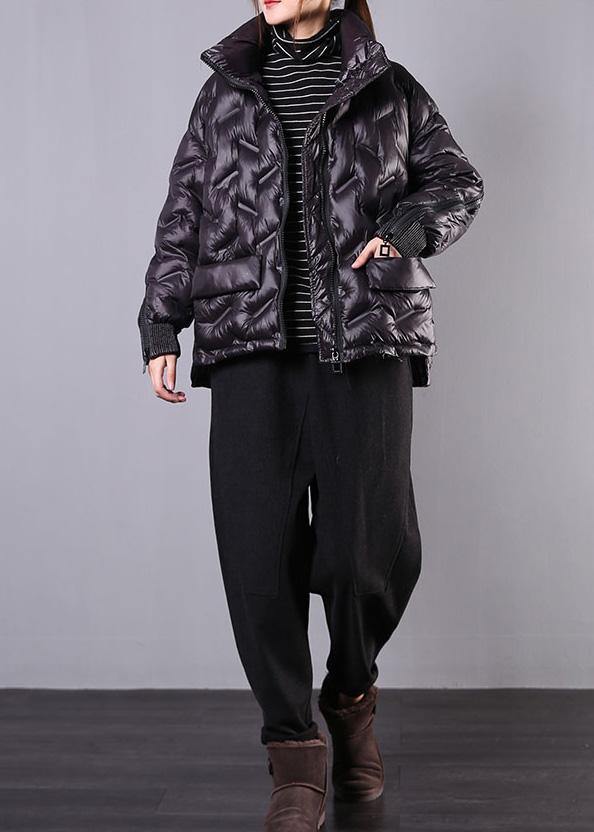 Elegant plus size winter jacket overcoat black stand collar zippered winter outwear - SooLinen