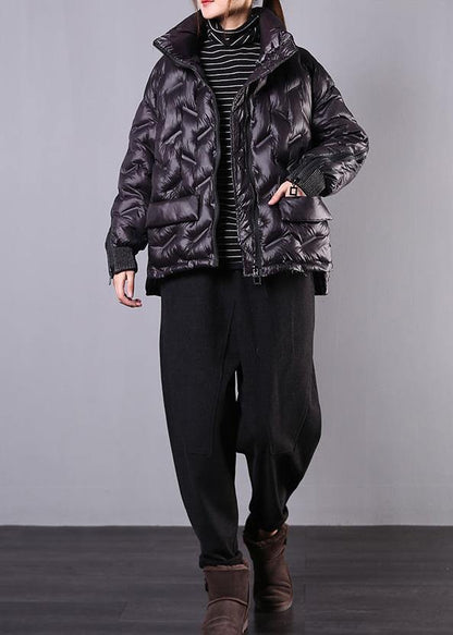 Elegant plus size winter jacket overcoat black stand collar zippered winter outwear - SooLinen