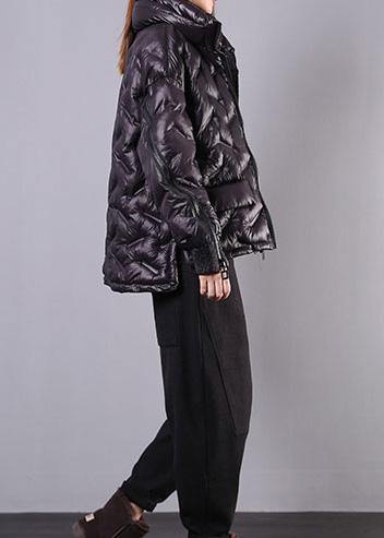 Elegant plus size winter jacket overcoat black stand collar zippered winter outwear - SooLinen