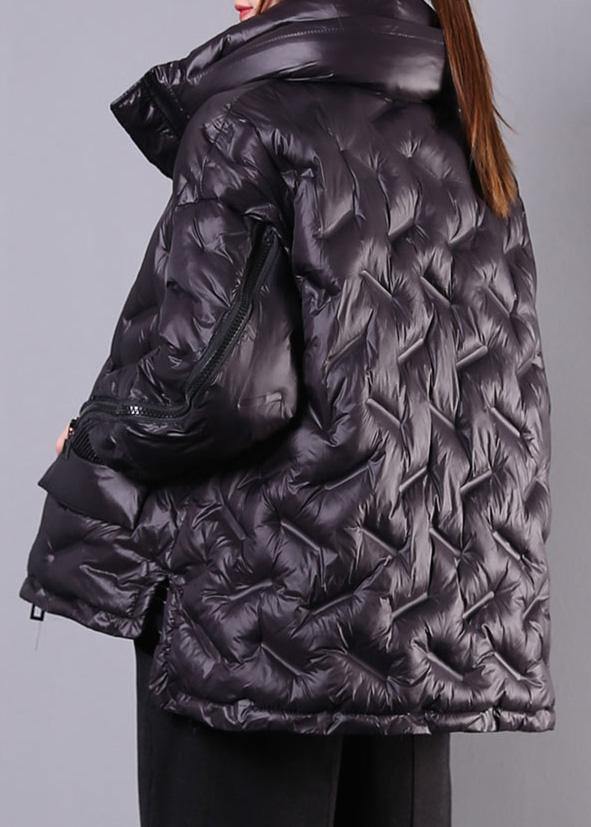 Elegant plus size winter jacket overcoat black stand collar zippered winter outwear - SooLinen