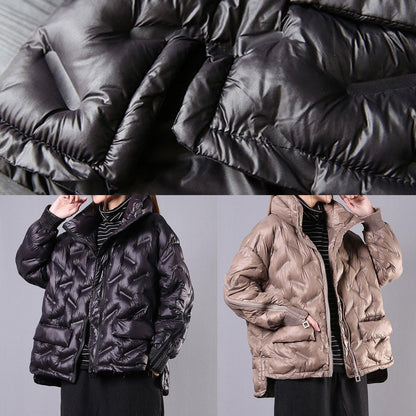 Elegant plus size winter jacket overcoat black stand collar zippered winter outwear - SooLinen