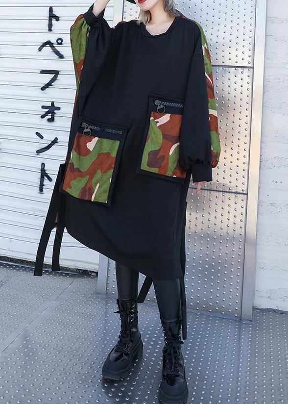 Elegant pockets side open Cotton dresses Shirts black patchwork camouflage Dresses - SooLinen