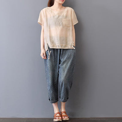 Elegante Oberteile aus reiner Baumwollmischung, lässig, kurzärmlig, einfarbig, lässig, High-Low-Saum