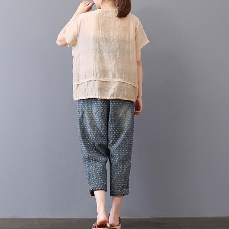 Elegante Oberteile aus reiner Baumwollmischung, lässig, kurzärmlig, einfarbig, lässig, High-Low-Saum