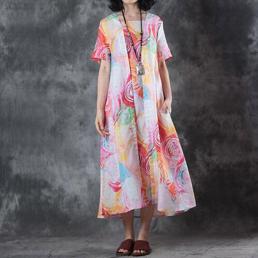 Elegante Oberteile aus reinem Leinen, trendiges Plus-Size-Zweiteiler, kurzärmliges, bedrucktes Sommerkleid