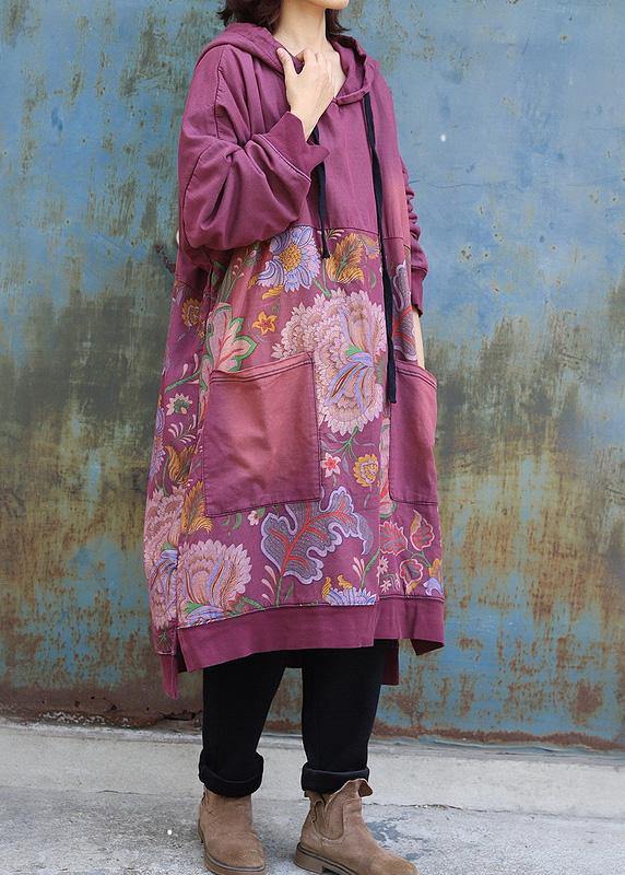 Elegant purple cotton Tunics prints long big pockets Dress - SooLinen