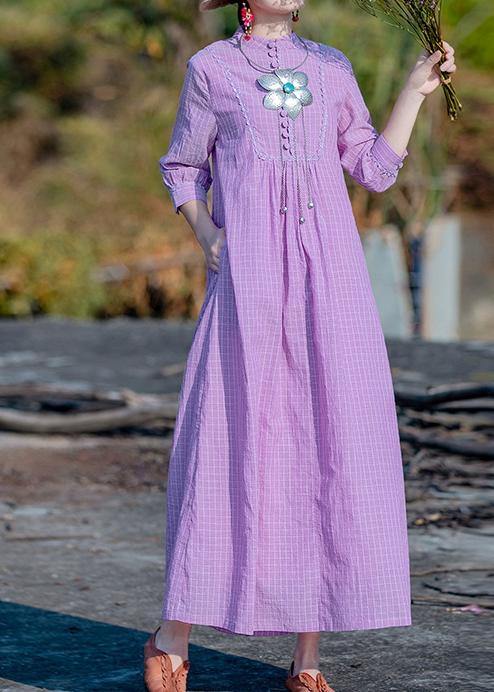 Elegant purple plaid dress stand collar pockets A Line spring Dress - SooLinen