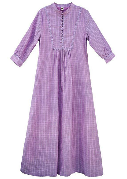 Elegant purple plaid dress stand collar pockets A Line spring Dress - SooLinen