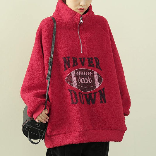 Elegant red Letter tunics for women Shirts high neck zippered fuzzy wool top - SooLinen