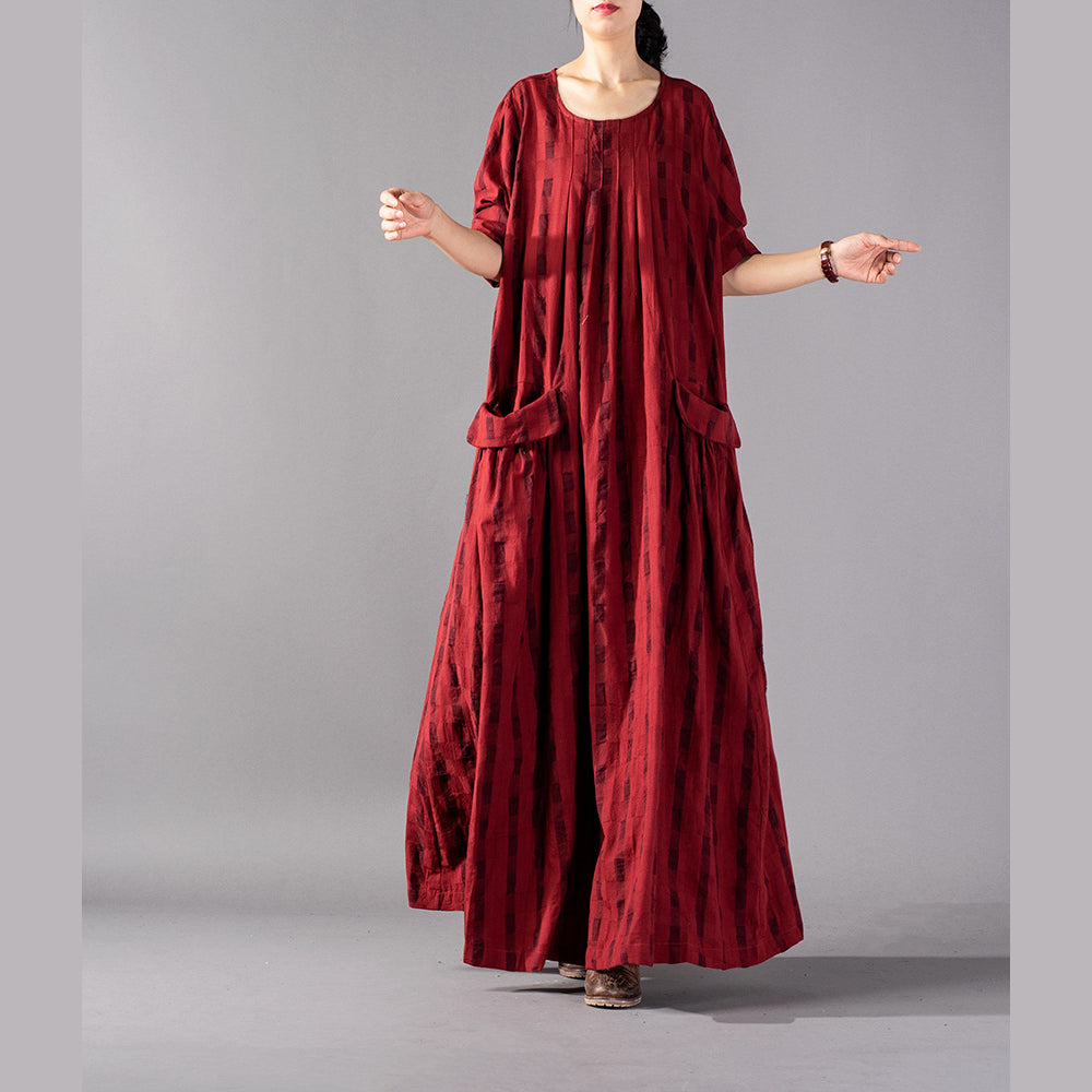 Elegantes rotes kariertes langes übergroßes O-Ausschnitt-Baggy-Maxikleid aus Leinen mit Vintage-Taschen