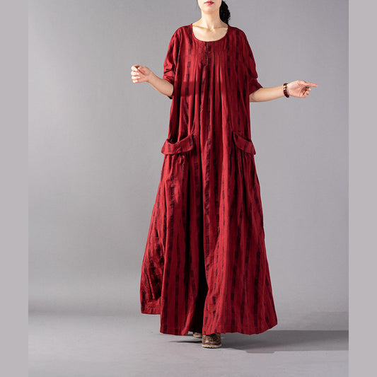 Elegantes rotes kariertes langes übergroßes O-Ausschnitt-Baggy-Maxikleid aus Leinen mit Vintage-Taschen