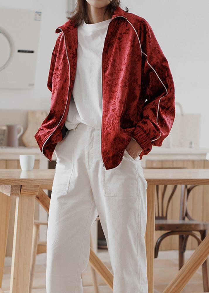 Elegant red Plus Size clothes Outfits zippered fall women coats - SooLinen