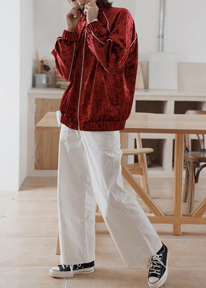 Elegant red Plus Size clothes Outfits zippered fall women coats - SooLinen