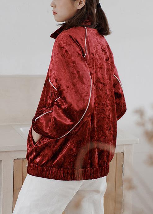 Elegant red Plus Size clothes Outfits zippered fall women coats - SooLinen