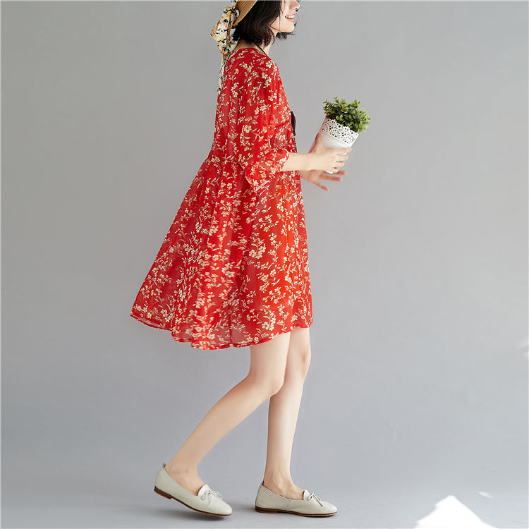 Elegantes rotes Chiffonkleid mit Rundhalsausschnitt und langen Ärmeln, Partykleid mit Print, Baggy-Kleid, Chiffonkleid