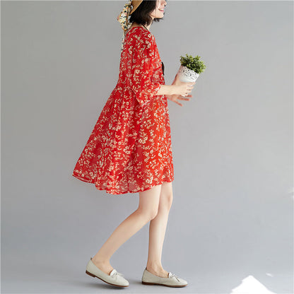 Elegantes rotes Chiffonkleid mit Rundhalsausschnitt und langen Ärmeln, Partykleid mit Print, Baggy-Kleid, Chiffonkleid