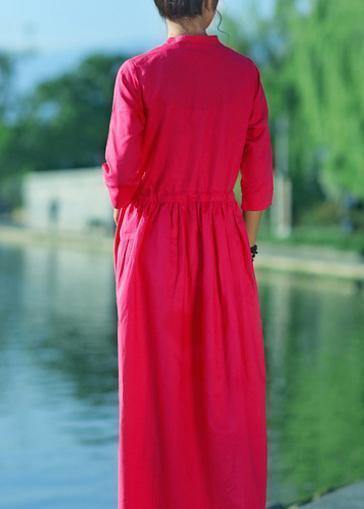 Elegant red embroidery linen Robes v neck drawstring summer Dresses - SooLinen