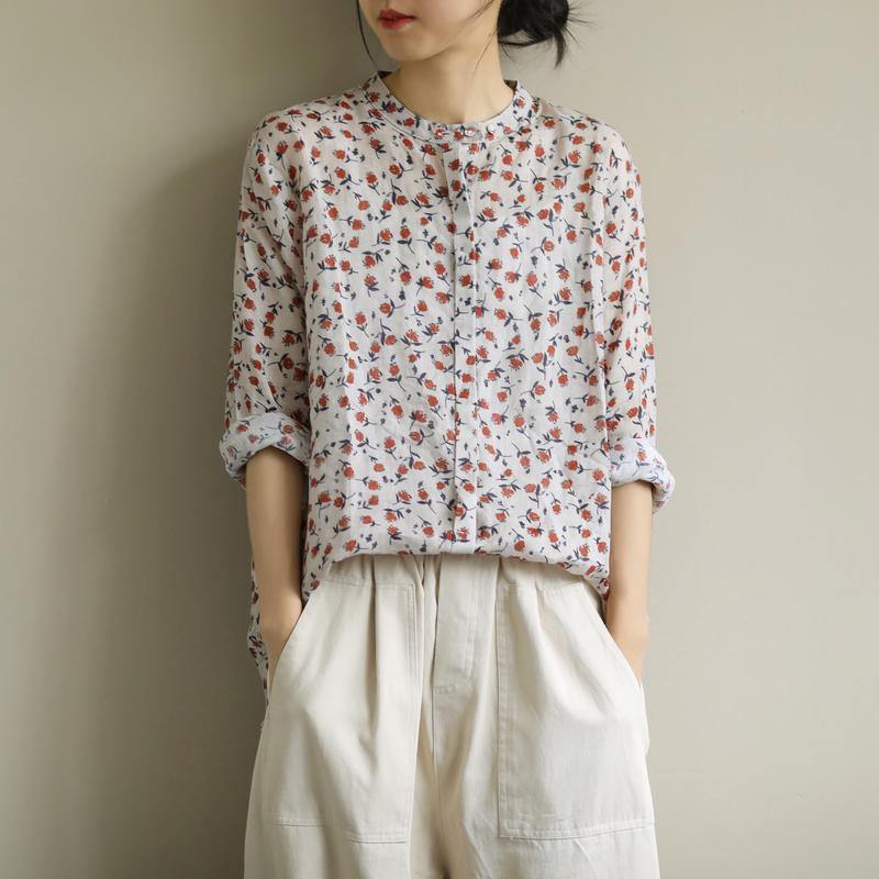 Elegant red print top o neck Button Down oversized shirt - SooLinen