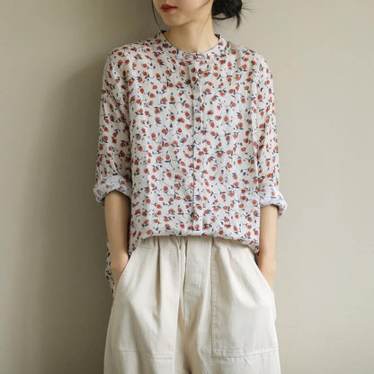 Elegant red print top o neck Button Down oversized shirt - SooLinen