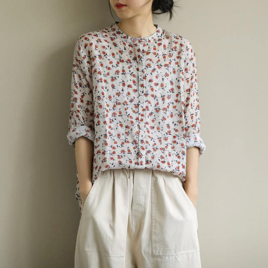 Elegant red print top o neck Button Down oversized shirt - SooLinen