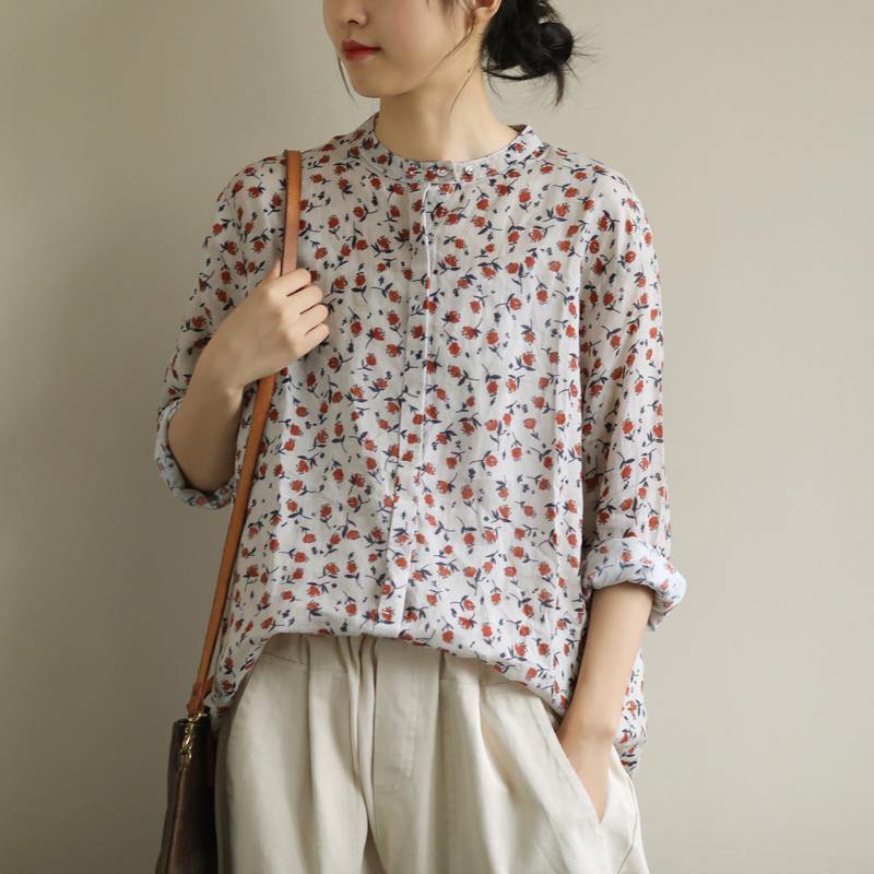 Elegant red print top o neck Button Down oversized shirt - SooLinen