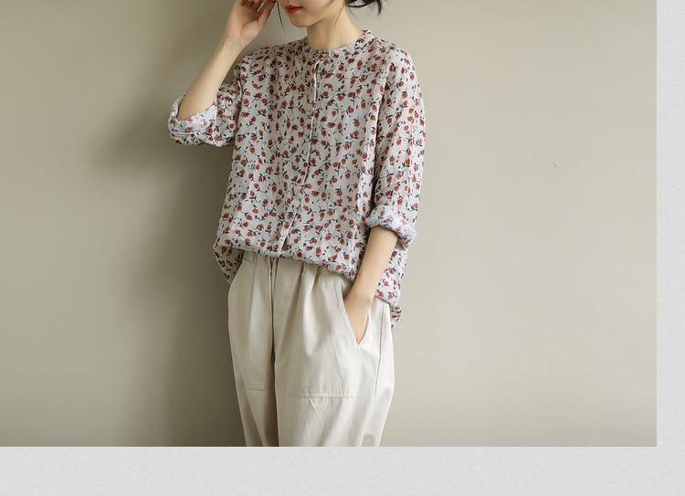 Elegant red print top o neck Button Down oversized shirt - SooLinen