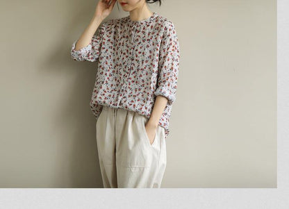 Elegant red print top o neck Button Down oversized shirt - SooLinen