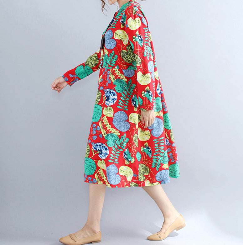 Elegante rote Drucke reine Leinenkleider lässiges Maxikleid Damen Langarm Patchwork Midikleid