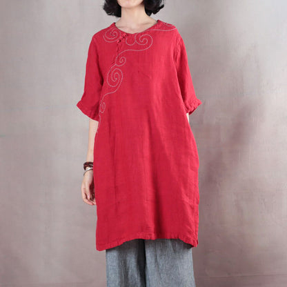 Elegante rote Oberteile aus reinem Leinen in Übergröße, Leinen-T-Shirt, Boutique, halbarm, Stickerei, Stoff mit O-Ausschnitt, Leinen-Kleidungsoberteile