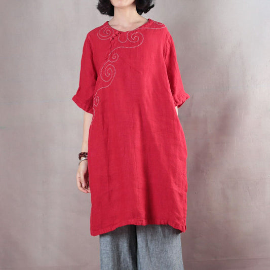 Elegante rote Oberteile aus reinem Leinen in Übergröße, Leinen-T-Shirt, Boutique, halbarm, Stickerei, Stoff mit O-Ausschnitt, Leinen-Kleidungsoberteile