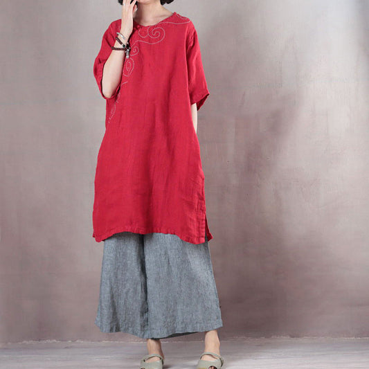 Elegante rote Oberteile aus reinem Leinen in Übergröße, Leinen-T-Shirt, Boutique, halbarm, Stickerei, Stoff mit O-Ausschnitt, Leinen-Kleidungsoberteile