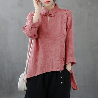 Elegant red top stand collar asymmetric oversized shirts - SooLinen