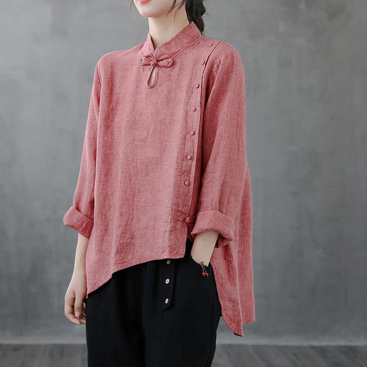 Elegant red top stand collar asymmetric oversized shirts - SooLinen