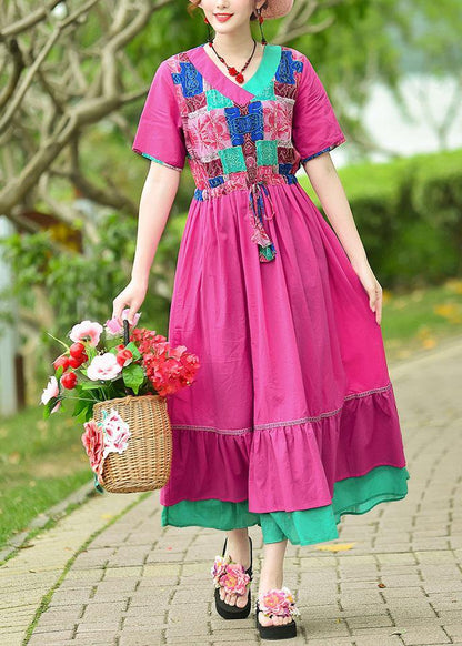 Elegant rose cotton clothes v neck patchwork Maxi summer Dresses - SooLinen