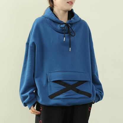 Elegant royal blue tunic pattern Wardrobes hooded drawstring top - SooLinen