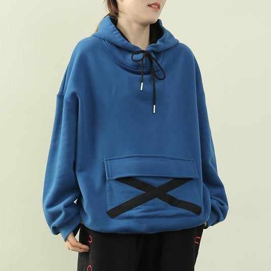 Elegant royal blue tunic pattern Wardrobes hooded drawstring top - SooLinen