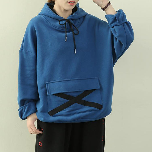 Elegant royal blue tunic pattern Wardrobes hooded drawstring top - SooLinen