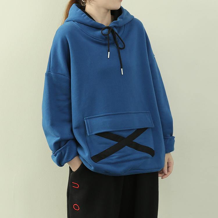 Elegant royal blue tunic pattern Wardrobes hooded drawstring top - SooLinen