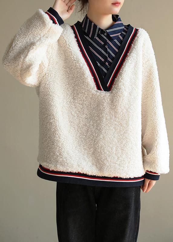 Elegant shirt collar cotton patchwork Blouse Shape white top - SooLinen