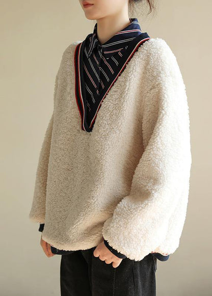 Elegant shirt collar cotton patchwork Blouse Shape white top - SooLinen