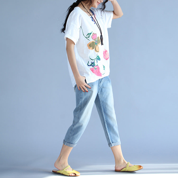 Elegante kurzärmelige Baumwollkleidung für Damen Boho-Stoffe mit weißem Aufdruck